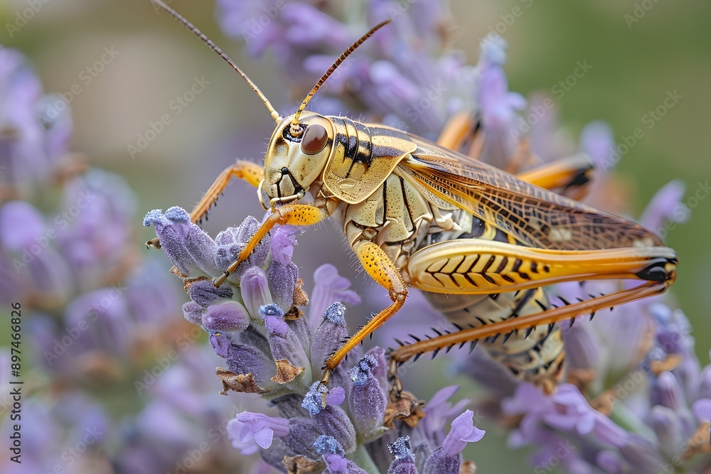 Macro of Vibrant Grasshopper on Lavender Flowers - Nature, Wildlife, Insect Photography Macro of Vibrant Grasshopper on Lavender Flowers - Nature, Wildlife, Insect Photography