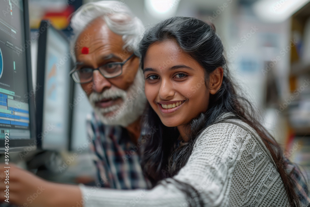 a young Indian smiling woman worker a computer, Next to him, a senior man gives him directions on the screen a young Indian smiling woman worker a computer, Next to him, a senior man gives him directions on the screen