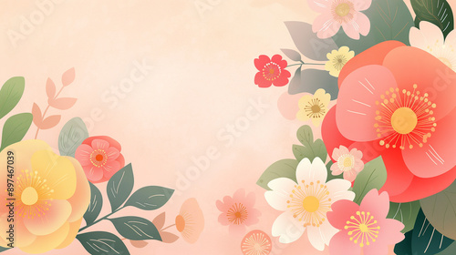 vibrant floral background in Japanese art style,  with a copy space, featuring colorful roses and leaves in shades of red, yellow, and white, ideal for festive backgrounds, wallpaper and backdrop © Princess Designs