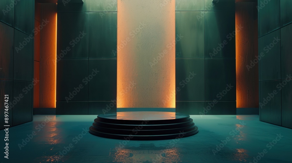 Minimalist Green Room with Circular Platform and Warm Lighting