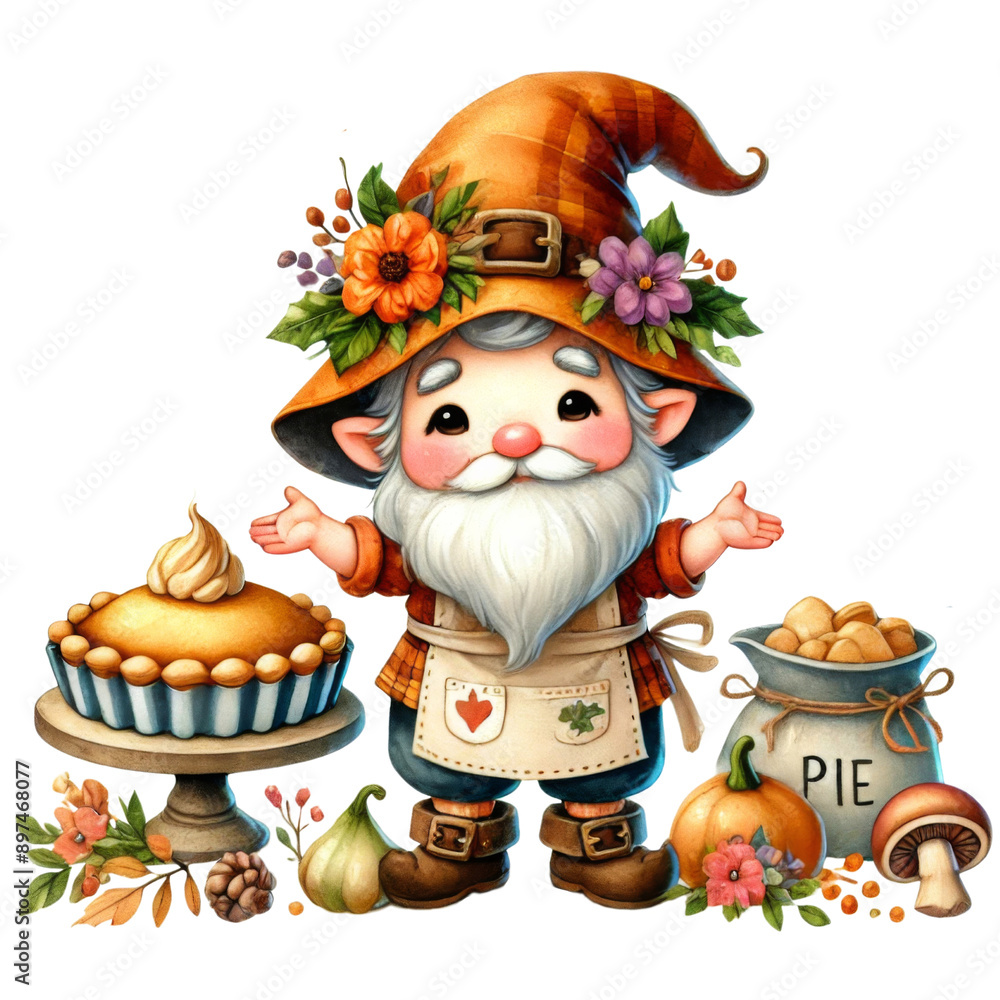 Cheerful Autumn Gnome with Fresh Pie. Cheerful Autumn Gnome with Fresh Pie.