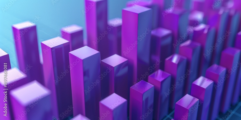 Close-up of 3D purple blocks forming an upward stock market graph, showcasing business growth on a blue background. Close-up of 3D purple blocks forming an upward stock market graph, showcasing business growth on a blue background.