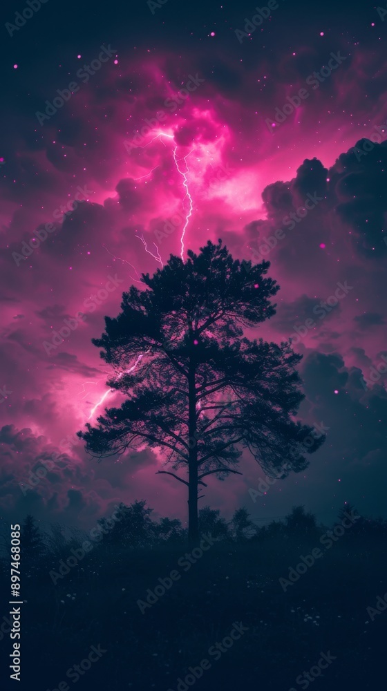 Fototapeta premium Lone tree with vibrant pink lightning in night sky