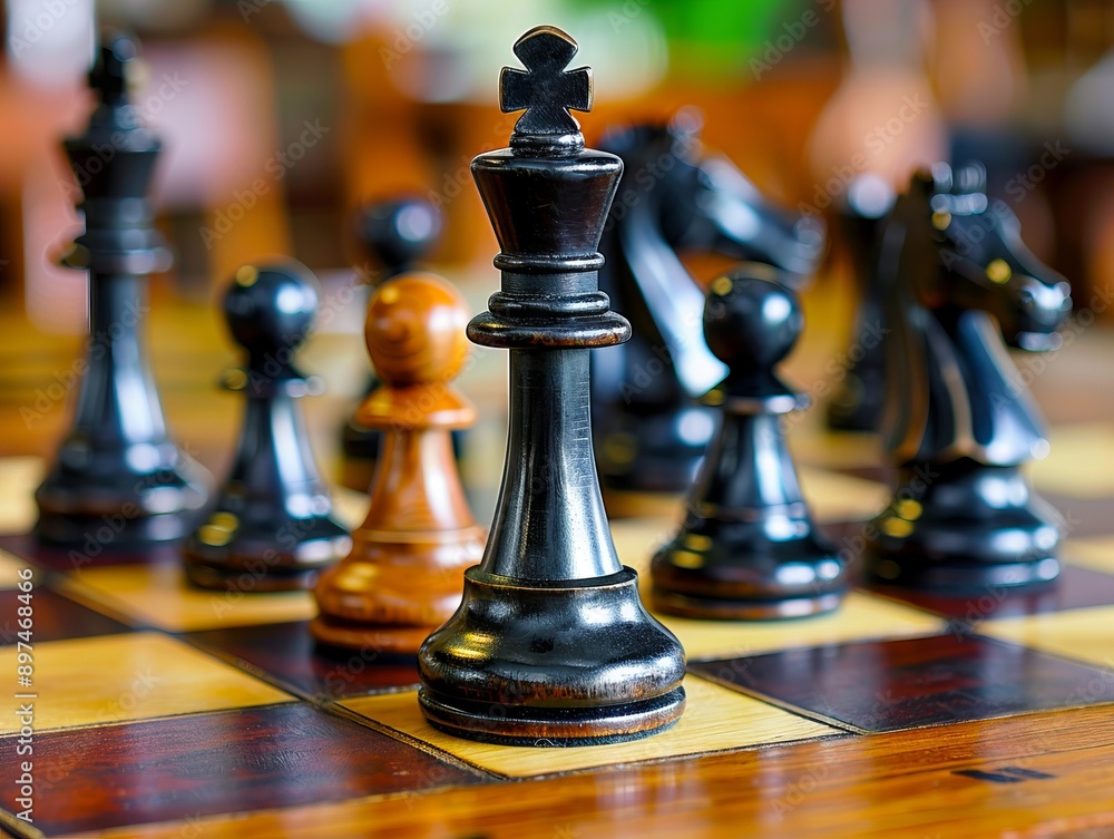 A close up of a chess piece on a wooden board. A close up of a chess piece on a wooden board.