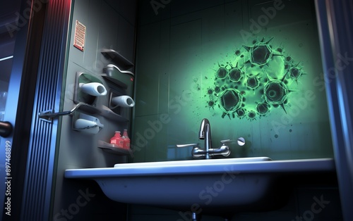 Bacterial hotspots in bathroom corners, germs, bathroom, showing neglected cleaning areas photo