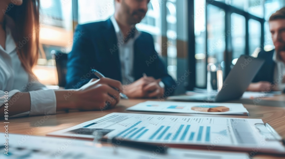 Business partners discussing financial strategies and reviewing documents while seated at a sleek conference table in a modern boardroom. Business partners discussing financial strategies and reviewing documents while seated at a sleek conference table in a modern boardroom.