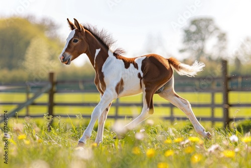 A young paint horse foal runs through a field, symbolizing youth, energy, freedom, beauty, and nature.