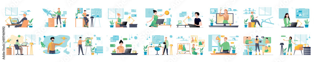 Mega set of blue and green concepts with people scene in flat cartoon design. Startup, cyberspace, sports, medicine, science and many other topics are depicted in this collection. Vector illustration. Mega set of blue and green concepts with people scene in flat cartoon design. Startup, cyberspace, sports, medicine, science and many other topics are depicted in this collection. Vector illustration.