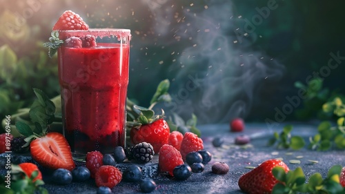  Freshly squeezed mixed berry juice with a medley of strawberries, blueberries, raspberries, and blackberries, arranged beautifully against a neutral backdrop. . 
