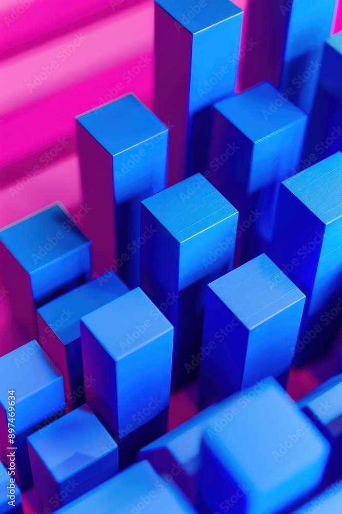 Close-up of 3D royal blue blocks in a stock market uptrend, highlighting business growth on a magenta background. Close-up of 3D royal blue blocks in a stock market uptrend, highlighting business growth on a magenta background.