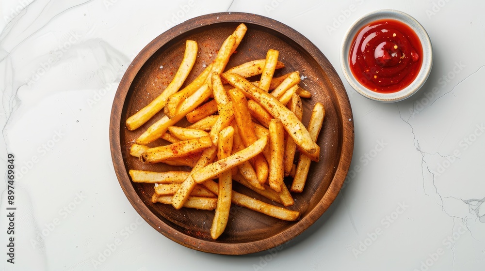 Crispy French fries with spicy seasoning on wood plate and bowl on white background Crispy French fries with spicy seasoning on wood plate and bowl on white background