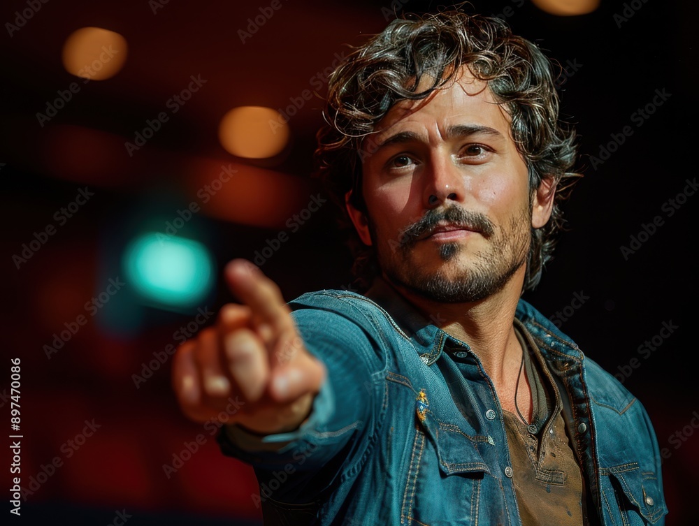Fototapeta premium Confident Startup Founder Pitching with Pointing Finger in Dark Background - Editorial Digital Art