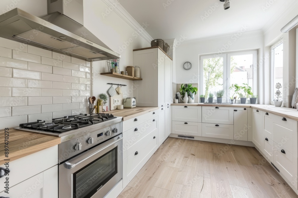 Kitchen with white countertops and built in cooker. Nobody inside Kitchen with white countertops and built in cooker. Nobody inside