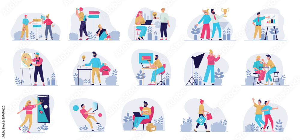 Fototapeta premium Bundle of minimal concepts with people scene in flat cartoon design. Each scene in this collection is filled with details that convey the atmosphere and mood of the characters. Vector illustration.