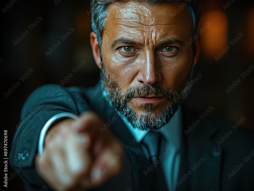 Confident IT Manager Pointing Finger in Technical Briefing on Dark Background - Editorial Style Professional Digital Illustration