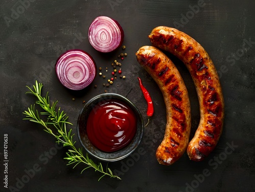 Grilled sausages with onions and sauce on a black background. photo