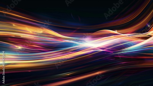 Abstract bright light trails flowing with dynamic motion on dark background for futuristic technology or internet speed concept