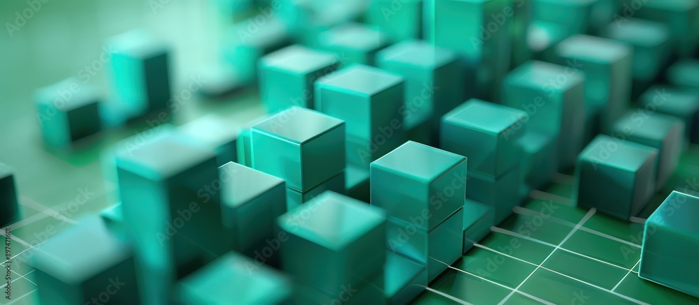 Close-up of 3D teal blocks in a rising stock market graph, illustrating positive business growth on a green background. Close-up of 3D teal blocks in a rising stock market graph, illustrating positive business growth on a green background.
