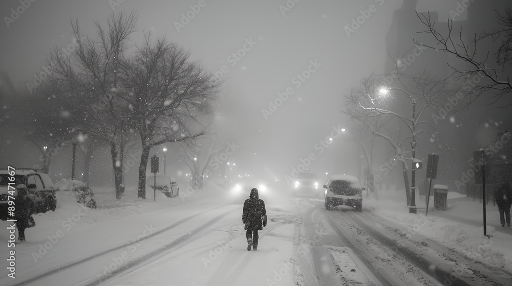 a person walking down a snowy street at night a person walking down a snowy street at night