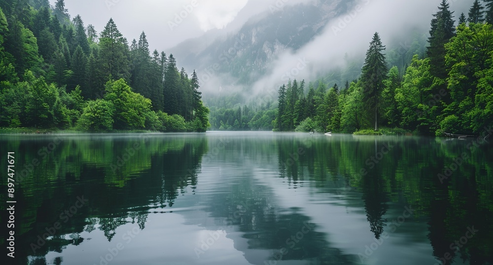 a lake surrounded by trees and fog in the sky with mountains in the background a lake surrounded by trees and fog in the sky with mountains in the background