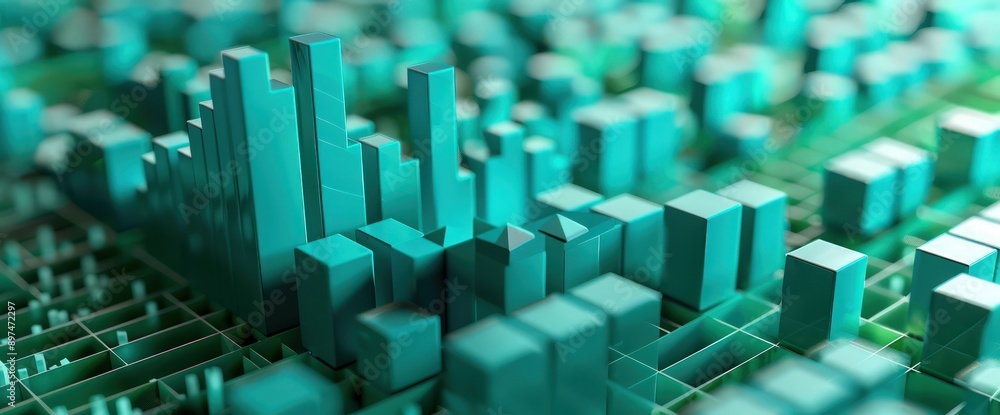 Close-up of 3D turquoise blocks creating a rising stock market chart, showcasing business success on a green backdrop. Close-up of 3D turquoise blocks creating a rising stock market chart, showcasing business success on a green backdrop.