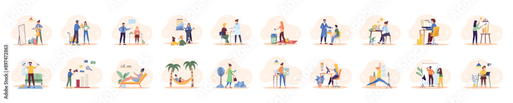 Mega set of simple concepts with people scene in flat cartoon design. The topics of these minimalistic illustrations include business, shopping, hobby, auction, earning and more. Vector illustration. Mega set of simple concepts with people scene in flat cartoon design. The topics of these minimalistic illustrations include business, shopping, hobby, auction, earning and more. Vector illustration.