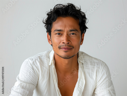 Indonesian man with white shirt and black hair, asian middle aged man, asian father, male mature men
