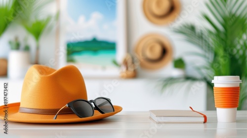 A stylish hat, sunglasses, notebook, and coffee cup are arranged on a table, evoking a sense of travel preparation, relaxation, and mindfulness in an aesthetically pleasing setting. photo