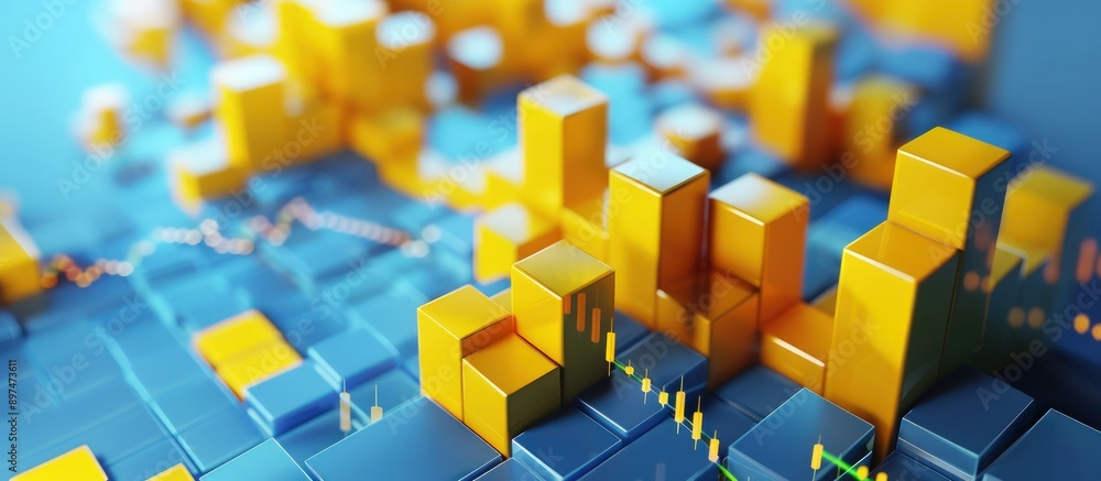 Close-up of 3D yellow blocks depicting a positive stock market chart, symbolizing financial success on a blue background. Close-up of 3D yellow blocks depicting a positive stock market chart, symbolizing financial success on a blue background.