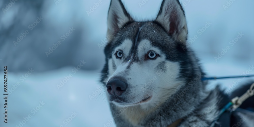 A dog with a blue leash is standing in the snow. The dog has a blue eye and a black nose A dog with a blue leash is standing in the snow. The dog has a blue eye and a black nose