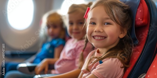 Three young girls are sitting in airplane seats, smiling and looking at the camera. Scene is happy and cheerful, as the girls seem to be enjoying their time on the plane