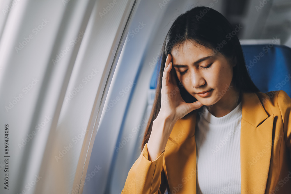 Young asian chinese airplane passenger woman experiencing discomfort, Airplane headache. Worried female passenger holding head, feeling unwell Anxiety and fear in the skies. Stressful travel moments. Young asian chinese airplane passenger woman experiencing discomfort, Airplane headache. Worried female passenger holding head, feeling unwell Anxiety and fear in the skies. Stressful travel moments.