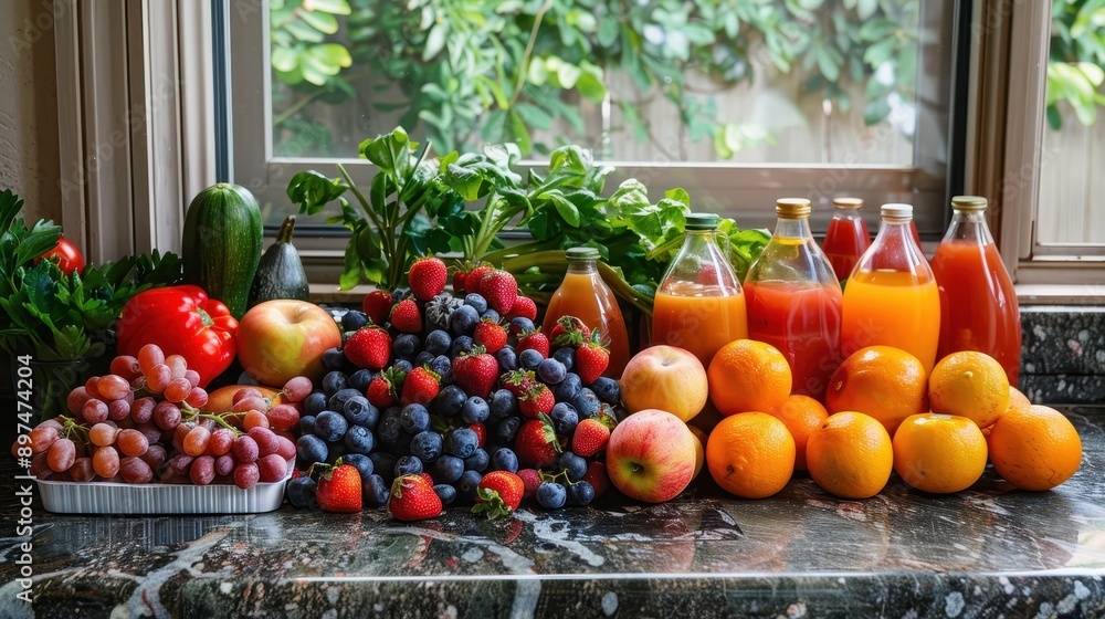 Abundance of Fresh Vegetables and Fruits on Kitchen Counter for Healthy Meal Prep Abundance of Fresh Vegetables and Fruits on Kitchen Counter for Healthy Meal Prep