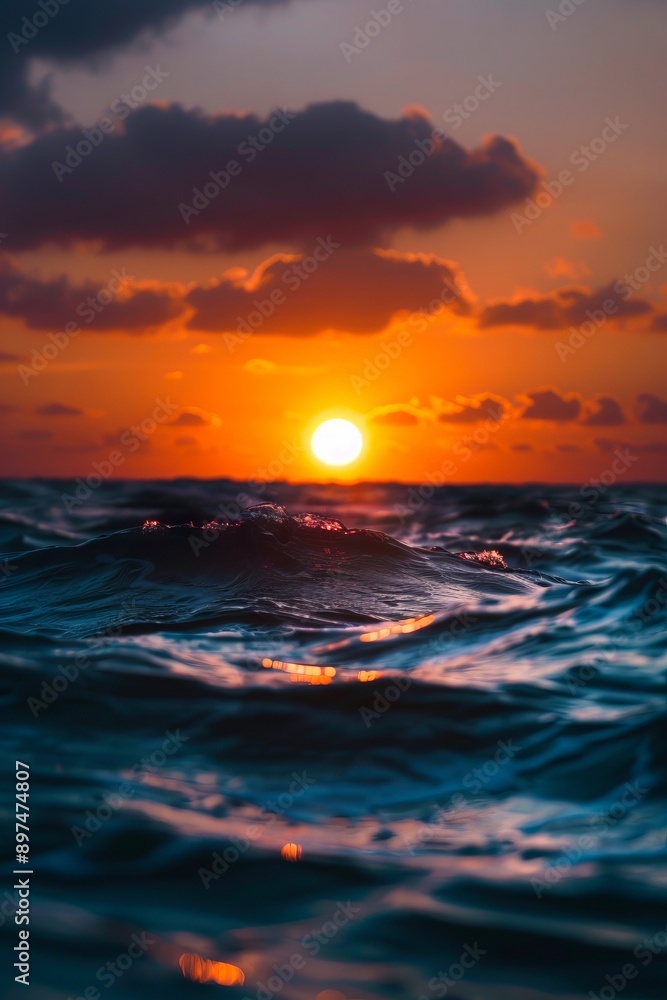 Fototapeta premium A sunset over the ocean with waves.