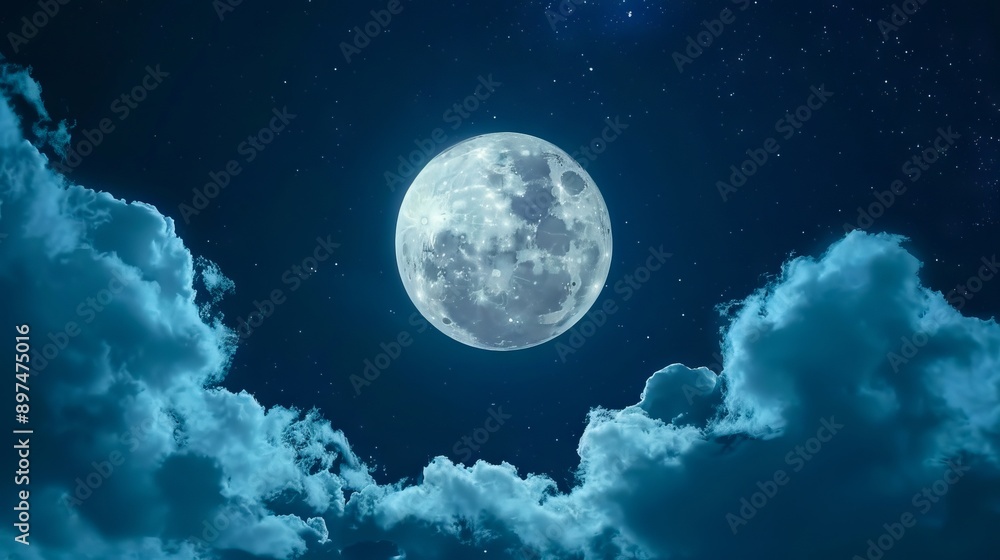 A full moon is seen in the night sky with clouds. A full moon is seen in the night sky with clouds.