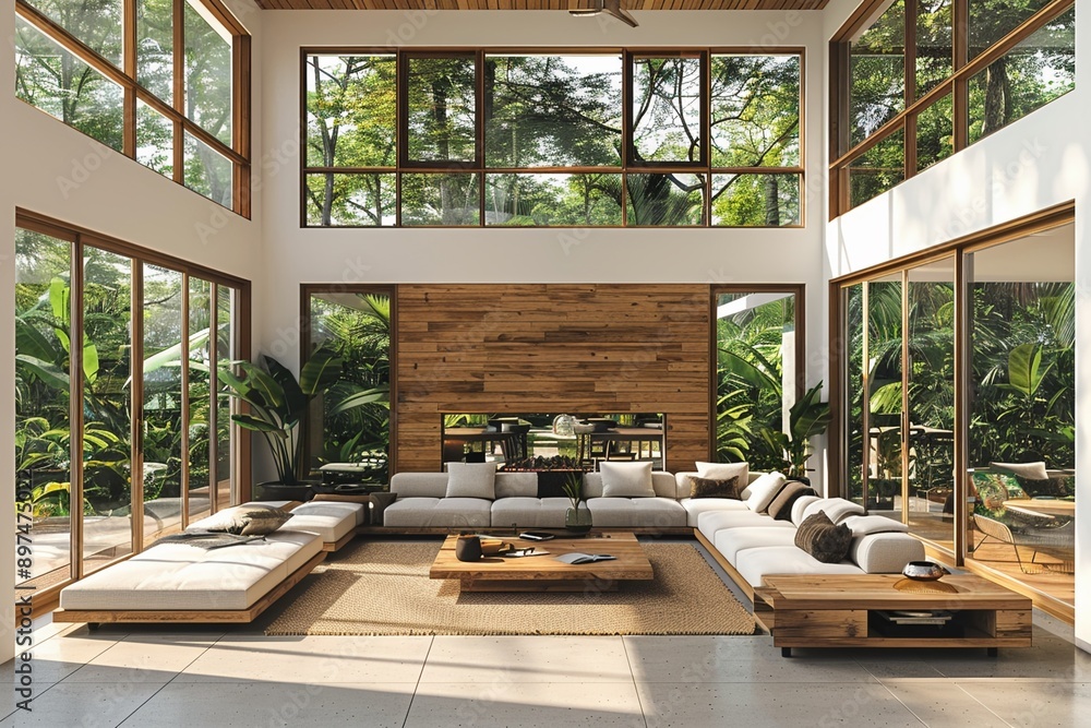 Open airy living room minimalist furniture white and wood elements large windows bright natural light Modern Watercolor Open airy living room minimalist furniture white and wood elements large windows bright natural light Modern Watercolor