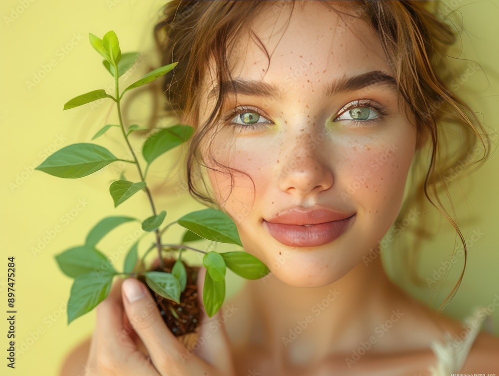 Cheerful Young Model Holding Tiny House Plant on Pale Yellow Background - Editorial Style Photo Cheerful Young Model Holding Tiny House Plant on Pale Yellow Background - Editorial Style Photo