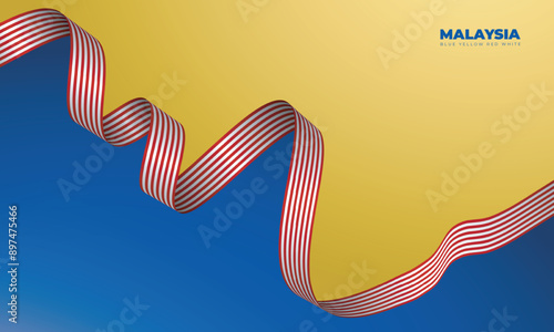 Waving red white flag design in yellow and blue background for malaysia independence day campaign
