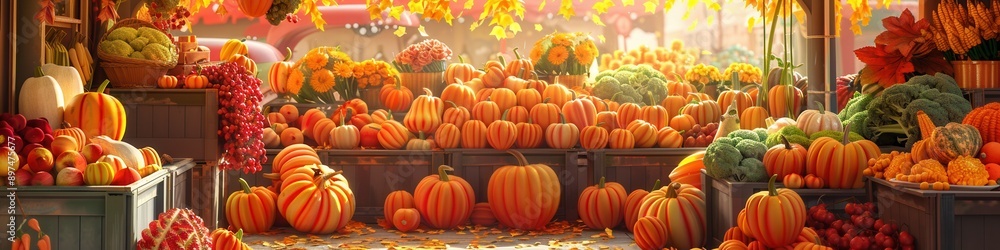 A bustling farmers market filled with pumpkins, autumn vegetables, and fruits. Generative AI A bustling farmers market filled with pumpkins, autumn vegetables, and fruits. Generative AI
