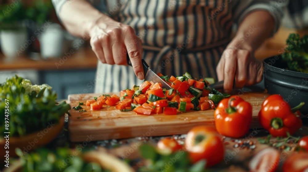 Fresh Vegetables Being Chopped on Cutting Board in Kitchen for Healthy Meal Preparation Fresh Vegetables Being Chopped on Cutting Board in Kitchen for Healthy Meal Preparation