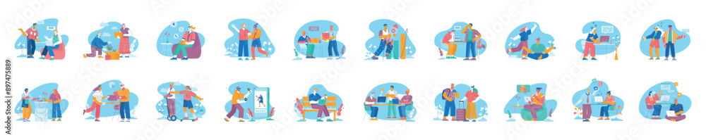 Bundle of blue bright concepts with people scene in flat cartoon design. Illustrations cover business, leisure, hobby, recreation, travel, internet and many other aspects. Vector illustration. Bundle of blue bright concepts with people scene in flat cartoon design. Illustrations cover business, leisure, hobby, recreation, travel, internet and many other aspects. Vector illustration.