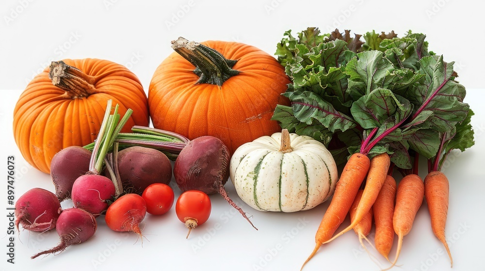 Composition of beets, carrots, pumpkin, tomatoes, on white background. Generative AI. Composition of beets, carrots, pumpkin, tomatoes, on white background. Generative AI.