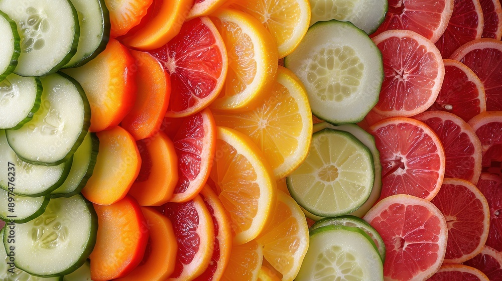 Vibrant Rainbow of Sliced Fruits and Vegetables Bursting with Essential Vitamins for Healthy Nutrition Display Vibrant Rainbow of Sliced Fruits and Vegetables Bursting with Essential Vitamins for Healthy Nutrition Display