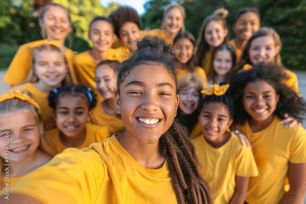 Diverse group of young girls with yellow shirts taking a selfie Diverse group of young girls with yellow shirts taking a selfie