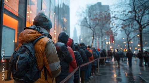 People in winter attire wait in a long queue along a rainy city sidewalk beside a glass building.