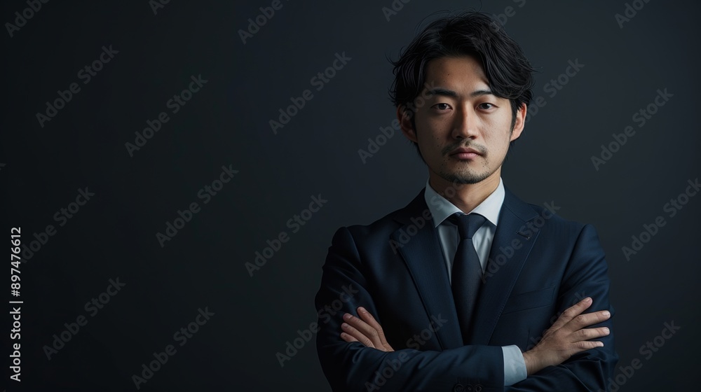 A man in a suit and tie is standing in front of a dark background A man in a suit and tie is standing in front of a dark background