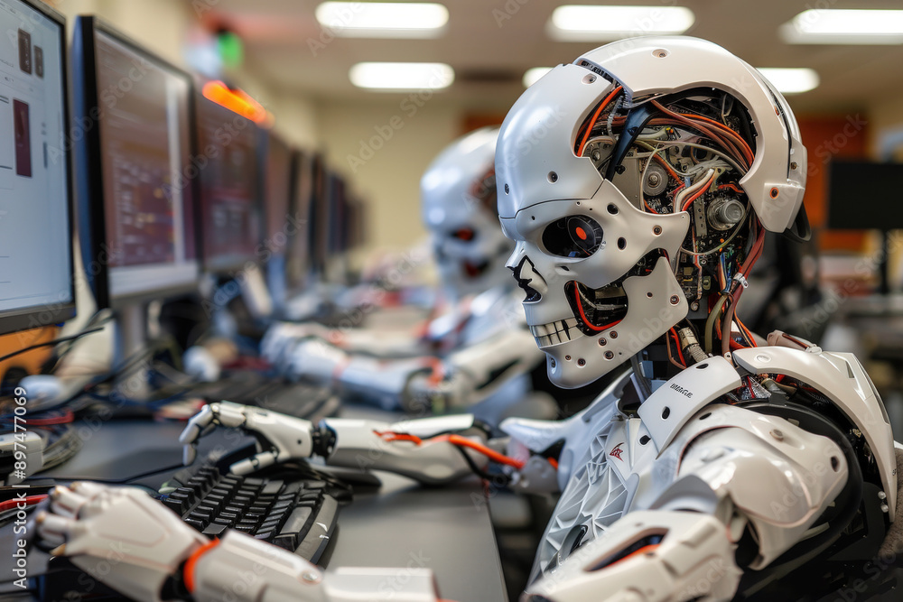 A high-tech lab where advanced robots with exposed machinery and digital displays are typing on computers, showcasing a futuristic blend of artificial intelligence and technology. A high-tech lab where advanced robots with exposed machinery and digital displays are typing on computers, showcasing a futuristic blend of artificial intelligence and technology.