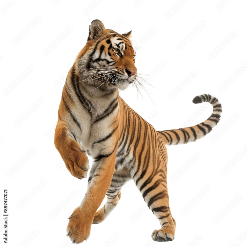Fototapeta premium Big orange tiger in dynamic pose, isolated on white or transparent background, png clipart, design element.