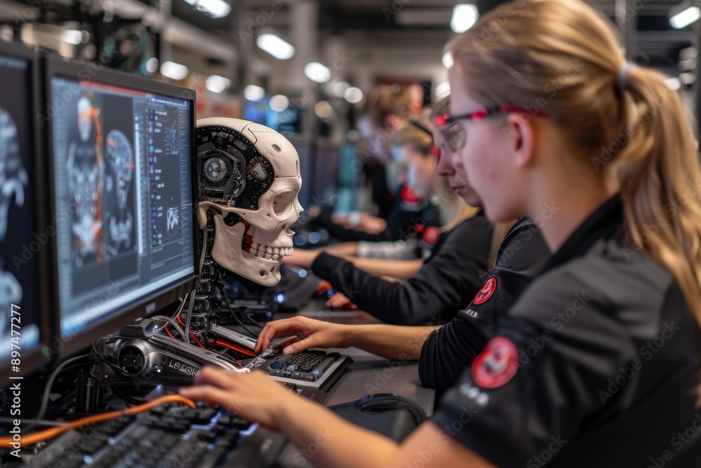 A tech-savvy office scene where robots with open skull structures and visible wiring are working parallel to humans, displaying the seamless integration of AI and human employees. A tech-savvy office scene where robots with open skull structures and visible wiring are working parallel to humans, displaying the seamless integration of AI and human employees.