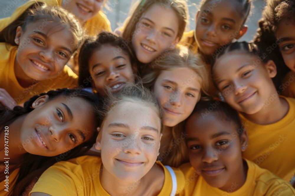 Diverse group of young girls with yellow shirts taking a selfie Diverse group of young girls with yellow shirts taking a selfie